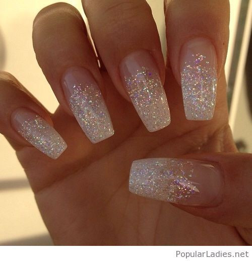 White And Silver Glitter Nails
 Long white glitter nails in 2019