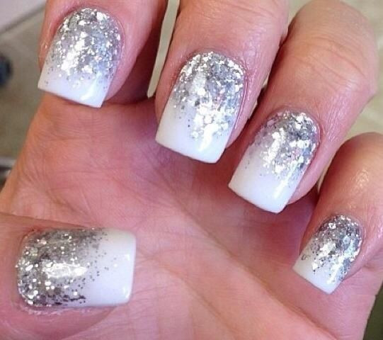 White And Silver Glitter Nails
 White nails with silver glitter