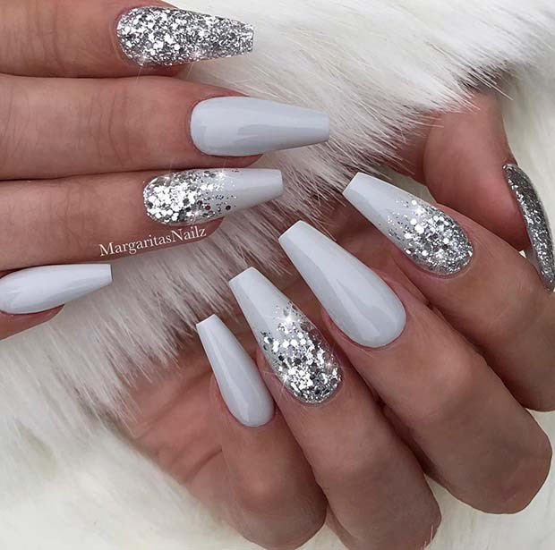 White And Silver Glitter Nails
 43 Beautiful Nail Art Designs for Coffin Nails