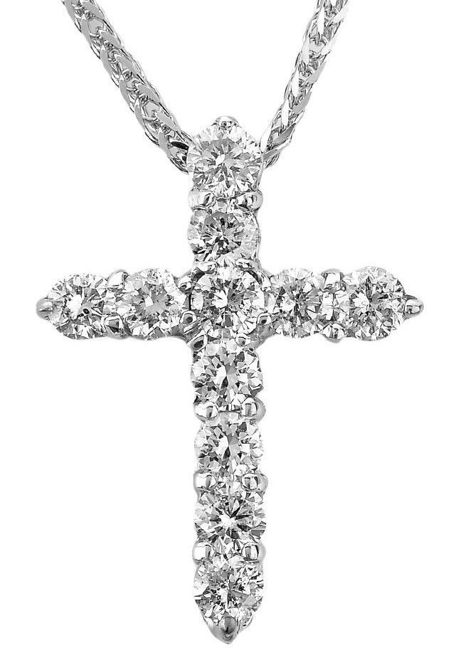 White Gold Cross Necklace
 14k White Gold Round Diamond Cross Pendant Necklace