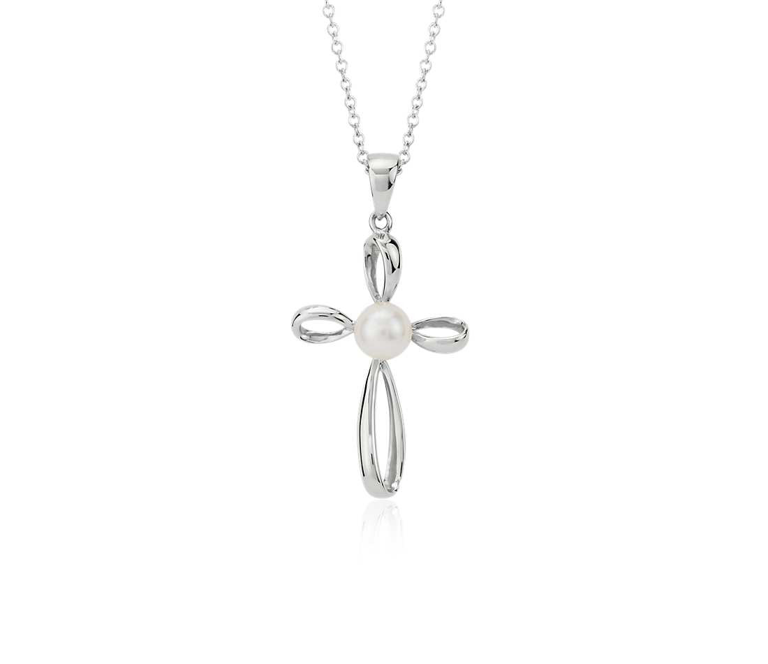 White Gold Cross Necklace
 Freshwater Cultured Pearl Cross Pendant in 14k White Gold
