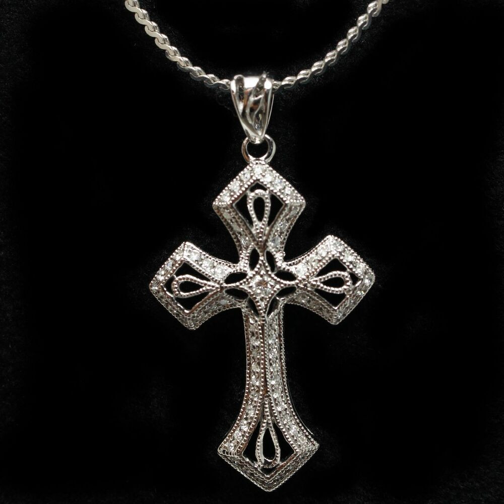 White Gold Cross Necklace
 Vintage Style Diamond Cross Pendant Necklace 14k White