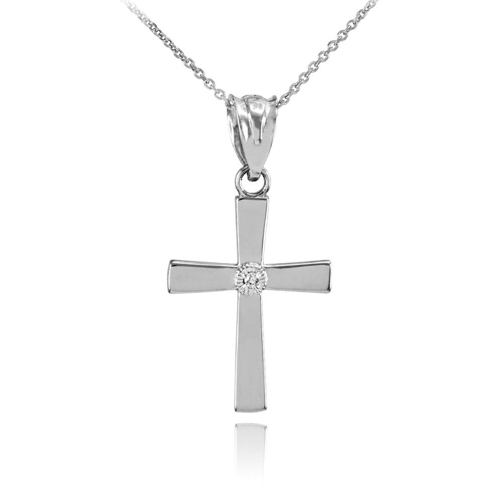 White Gold Cross Necklace
 Polished Fine White Gold Center Diamond Cross Charm