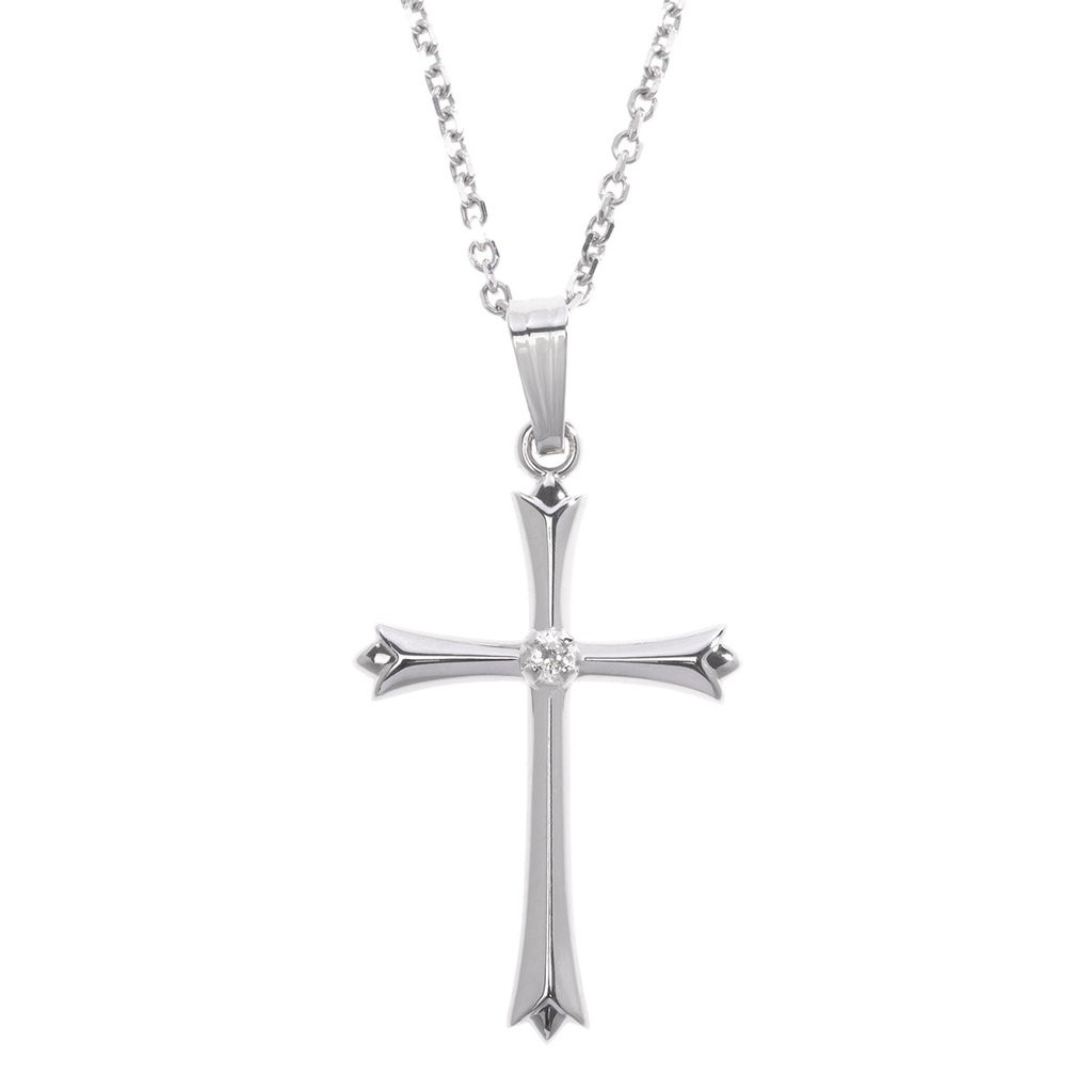 White Gold Cross Necklace
 14K White Gold Cross Pendant with Diamond Center and