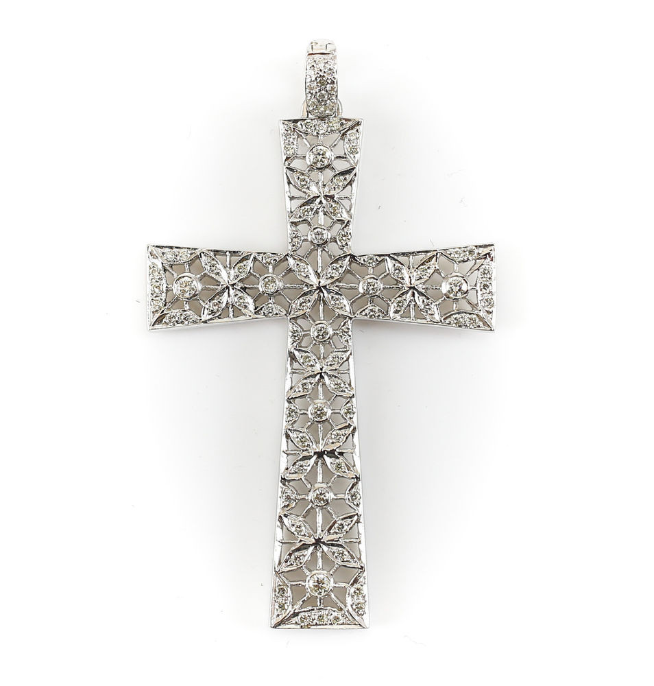 White Gold Cross Necklace
 18k White Gold Cross and Diamond Crucifix Vintage Filigree