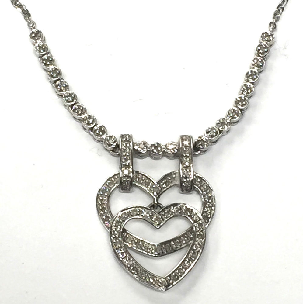 White Gold Heart Necklace
 Ornate 14K White Gold 86 CTW Diamond Double Heart Drop
