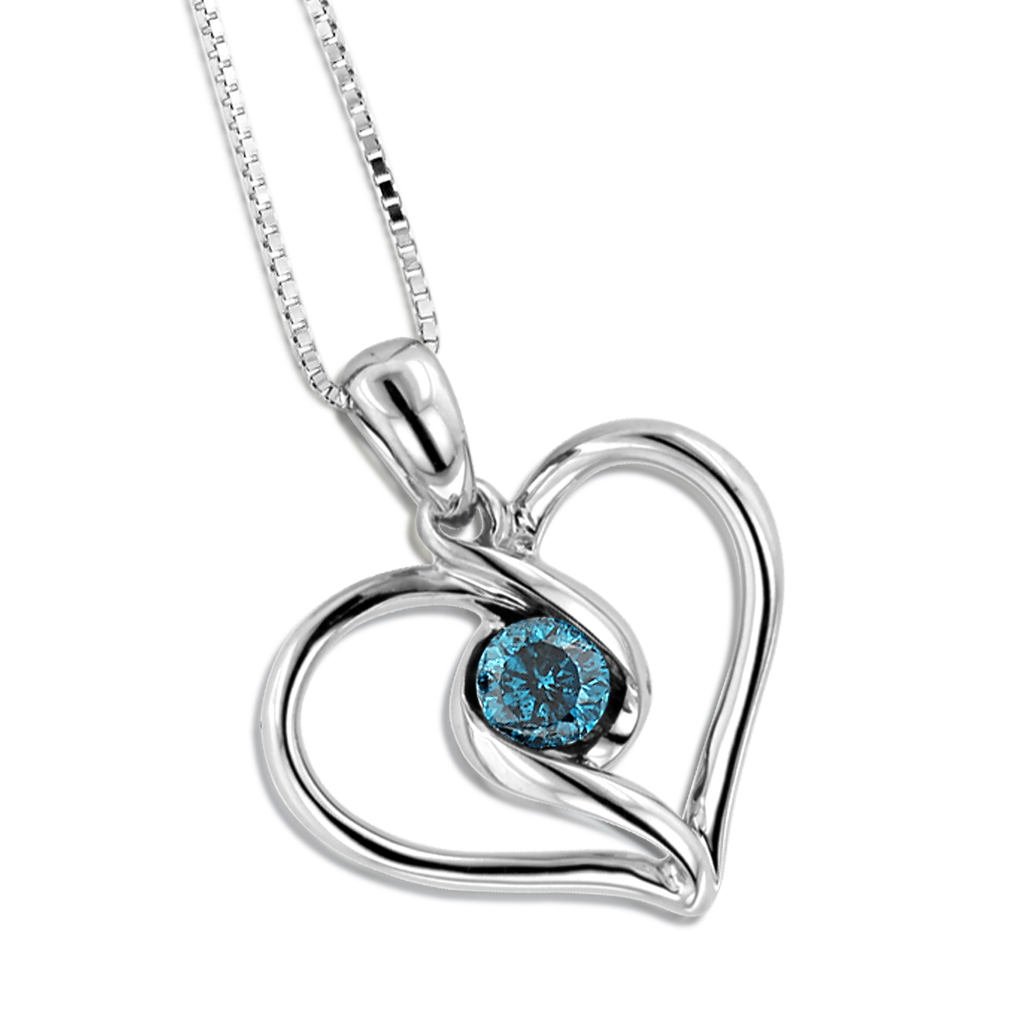 White Gold Heart Necklace
 14K White Gold Single Blue Diamond Heart Necklace For