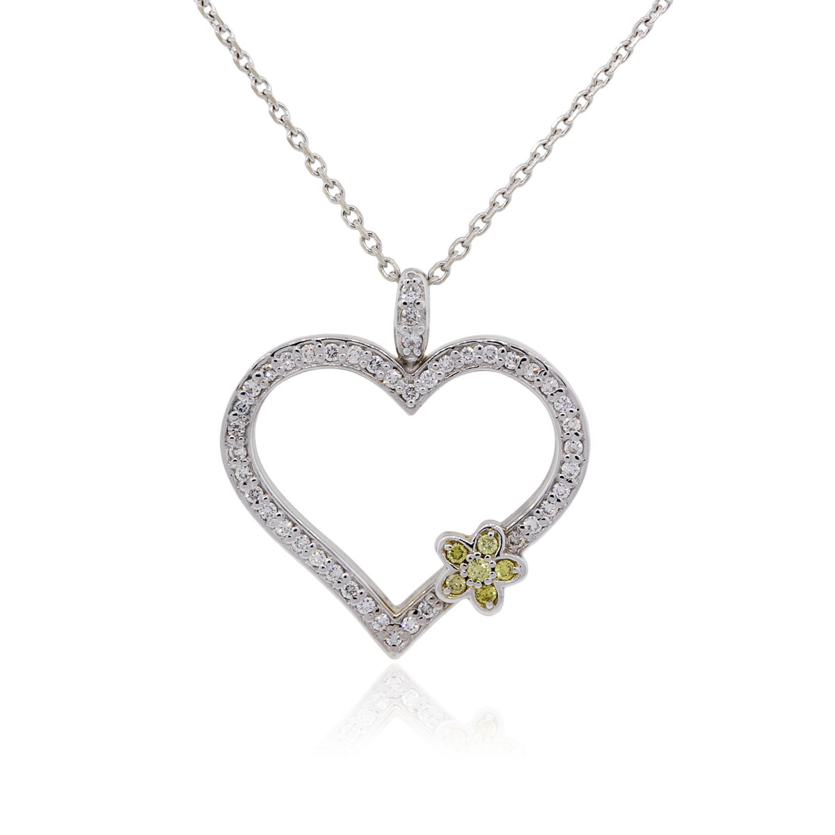 White Gold Heart Necklace
 14k White Gold 0 50ctw Diamond Flower on Heart Pendant Chain