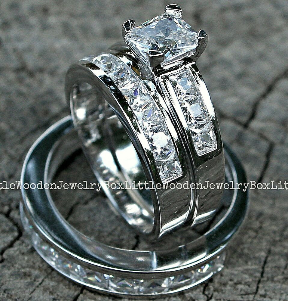 White Gold Wedding Rings For Her
 His and Hers 925 Sterling Silver 14k White Gold Engagement