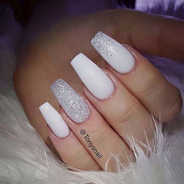 White Nails With Silver Glitter
 41 Nail Art Ideas for Coffin Nails