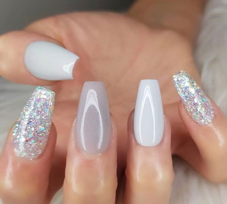 White Nails With Silver Glitter
 soft white silver grey gray sparkles glitter coffin