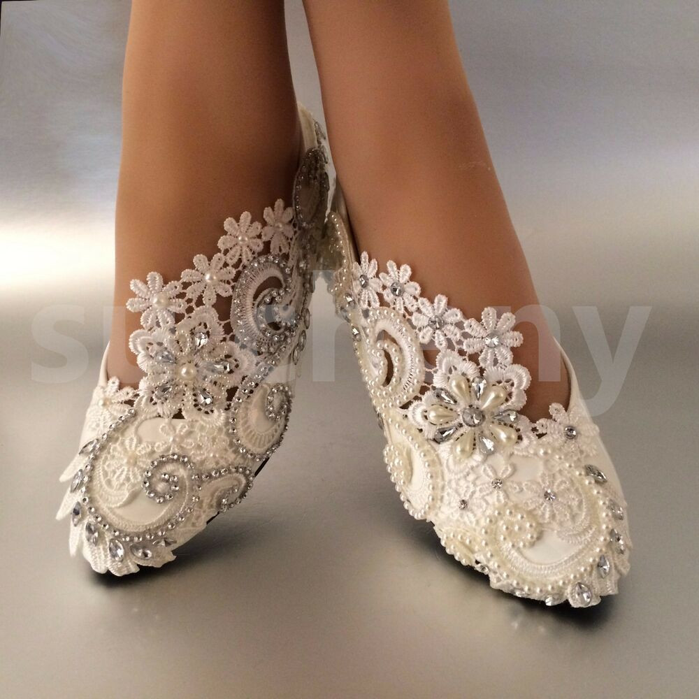 White Wedding Shoes Flats
 White ivory pearls lace crystal Wedding shoes flat
