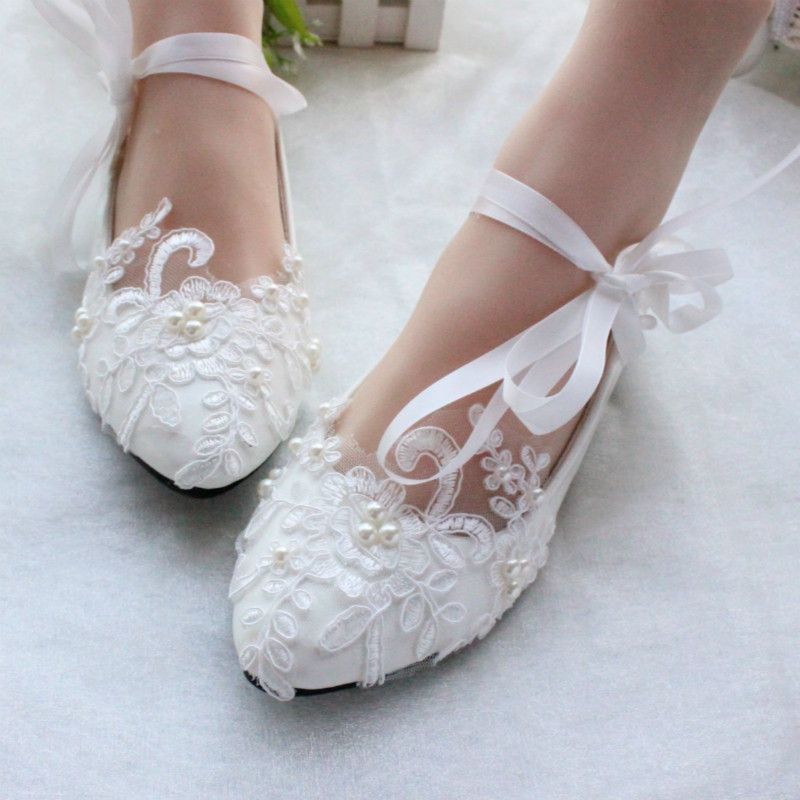 White Wedding Shoes Flats
 Free shipping women white ivory lace pearls wedding shoes