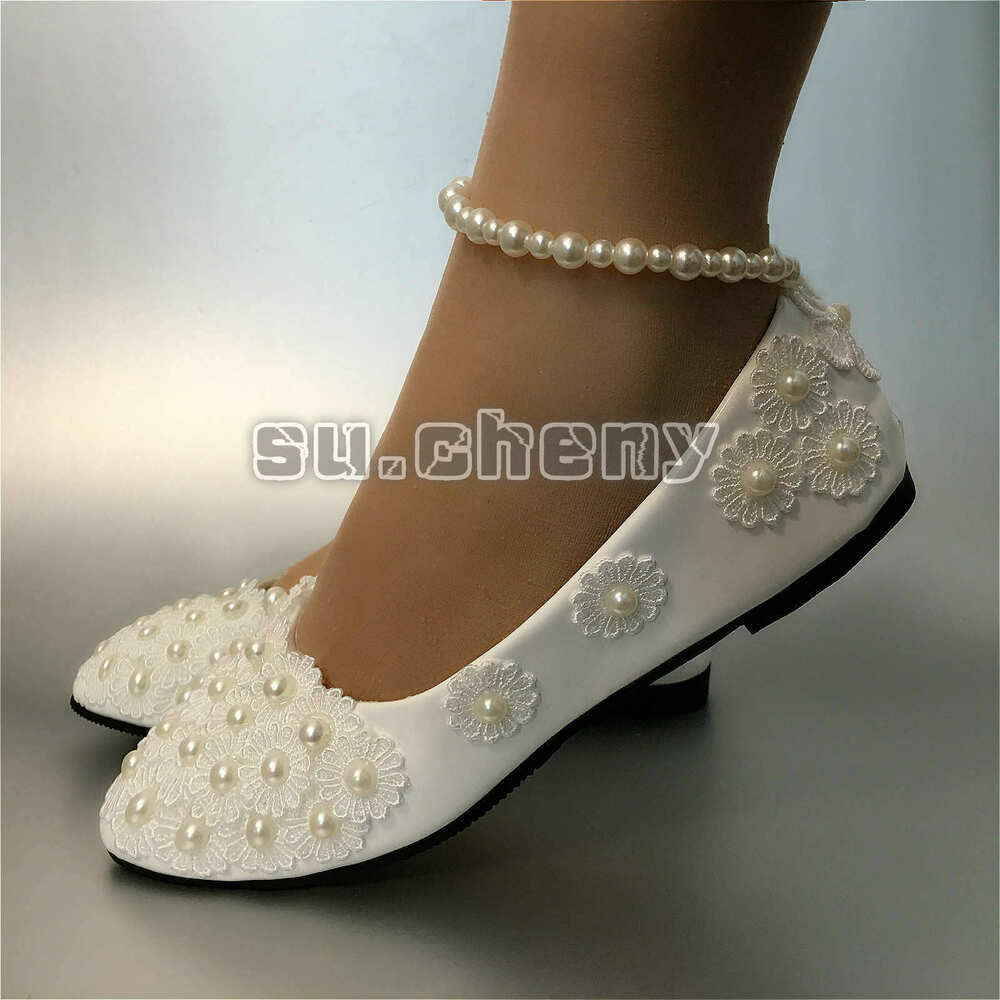 White Wedding Shoes Flats
 White lace Wedding shoes pearls ankle trap Bridal flats
