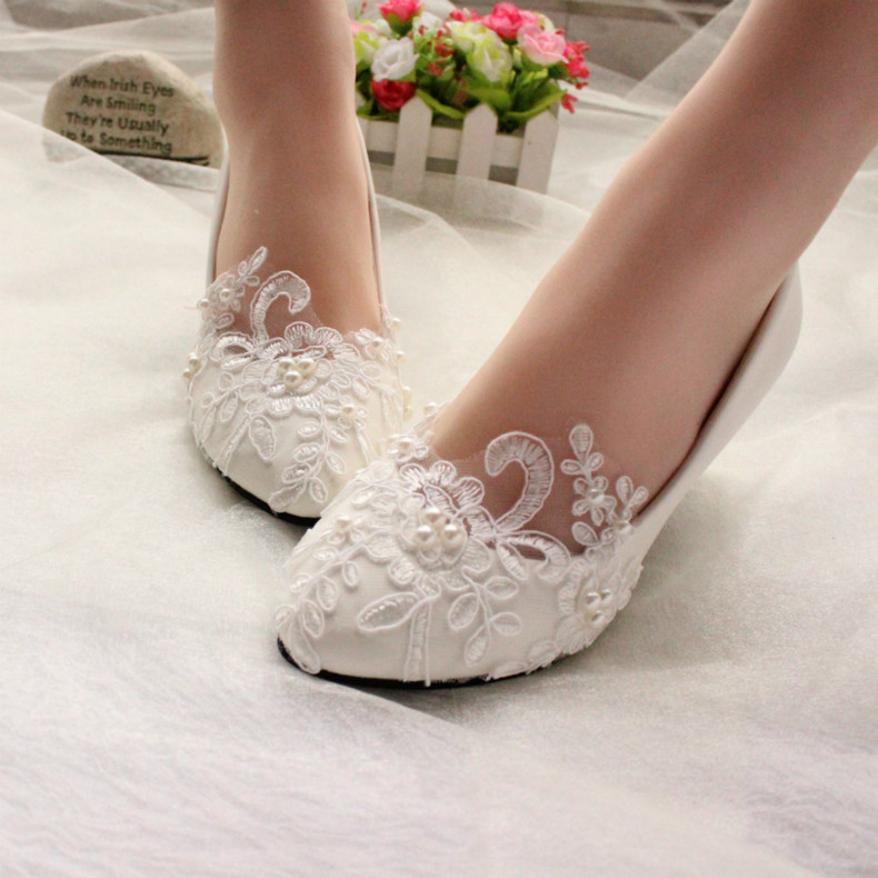 White Wedding Shoes Flats
 Lace white ivory crystal Wedding shoes Bridal flats low