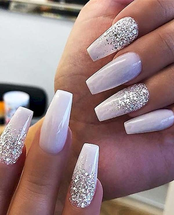 White With Glitter Nails
 Gorgeous White Glitter Nail Art Designs for Girls in 2019
