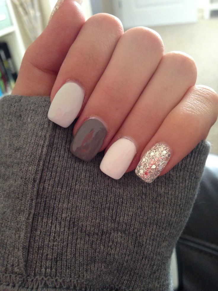 White With Glitter Nails
 Grey white and silver glitter acrylic nails Nail Design