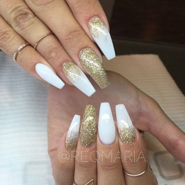 White With Glitter Nails
 White and gold glitter long coffin nails Nails