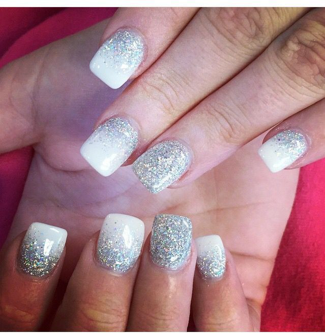 White With Glitter Nails
 White and silver glitter nails Glitter Nails