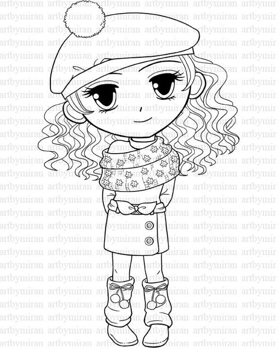 Winter Coloring Pages For Girls
 Digital Stamp Winter Coloring page Big eyed girl by artbymiran