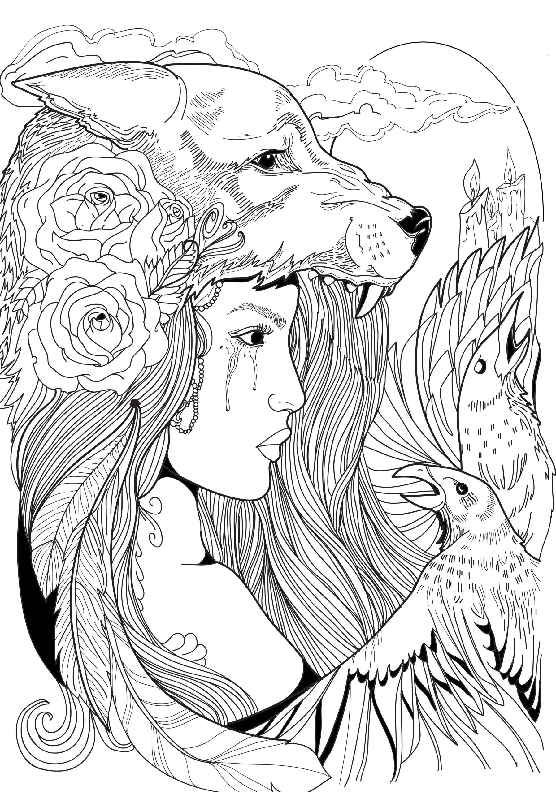 Wolf Coloring Pages For Adults
 Wolf Woman crow roses feathers linework tattoo