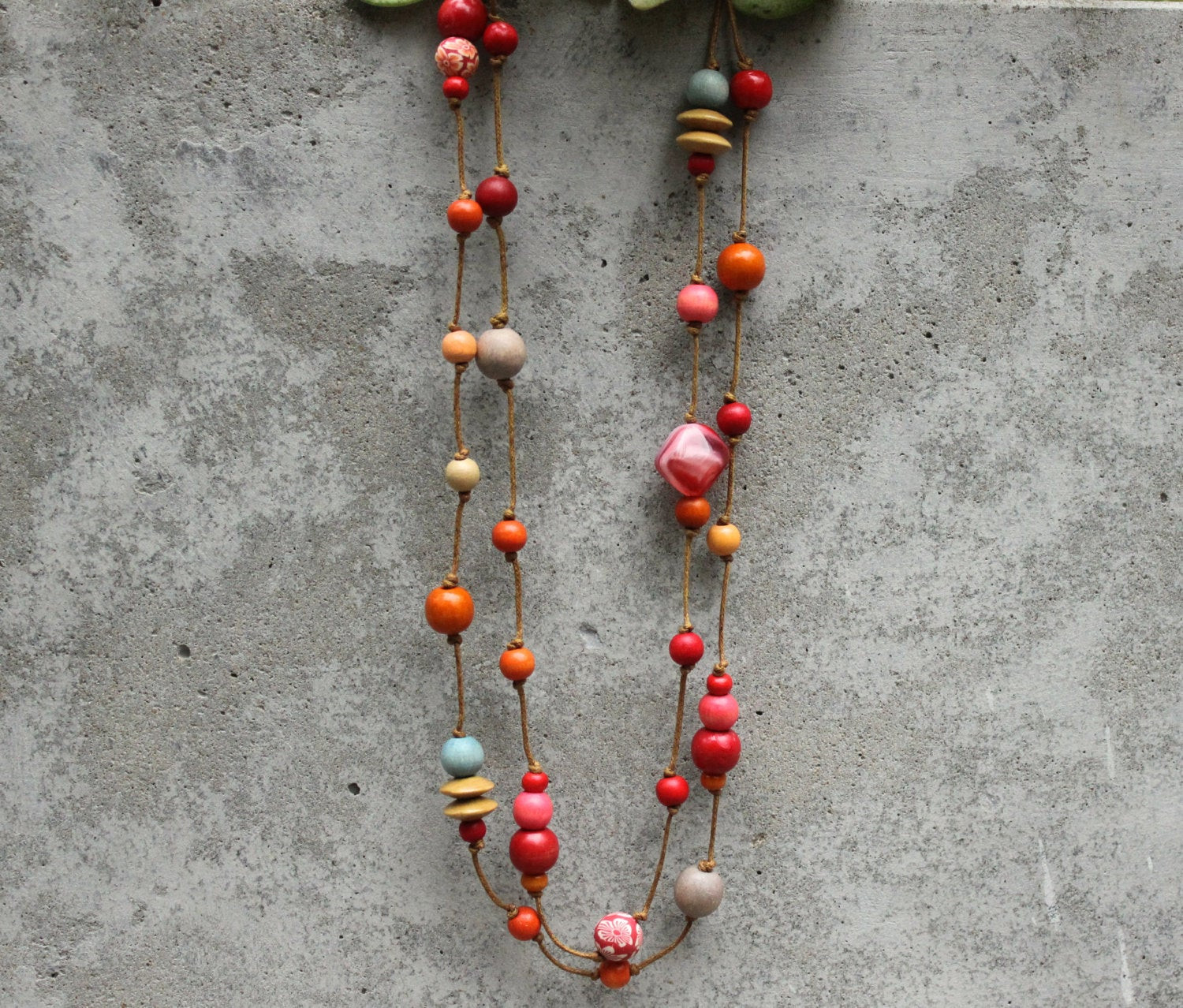 Wooden Bead Necklace
 Long wooden bead necklace red orange blue grey boho