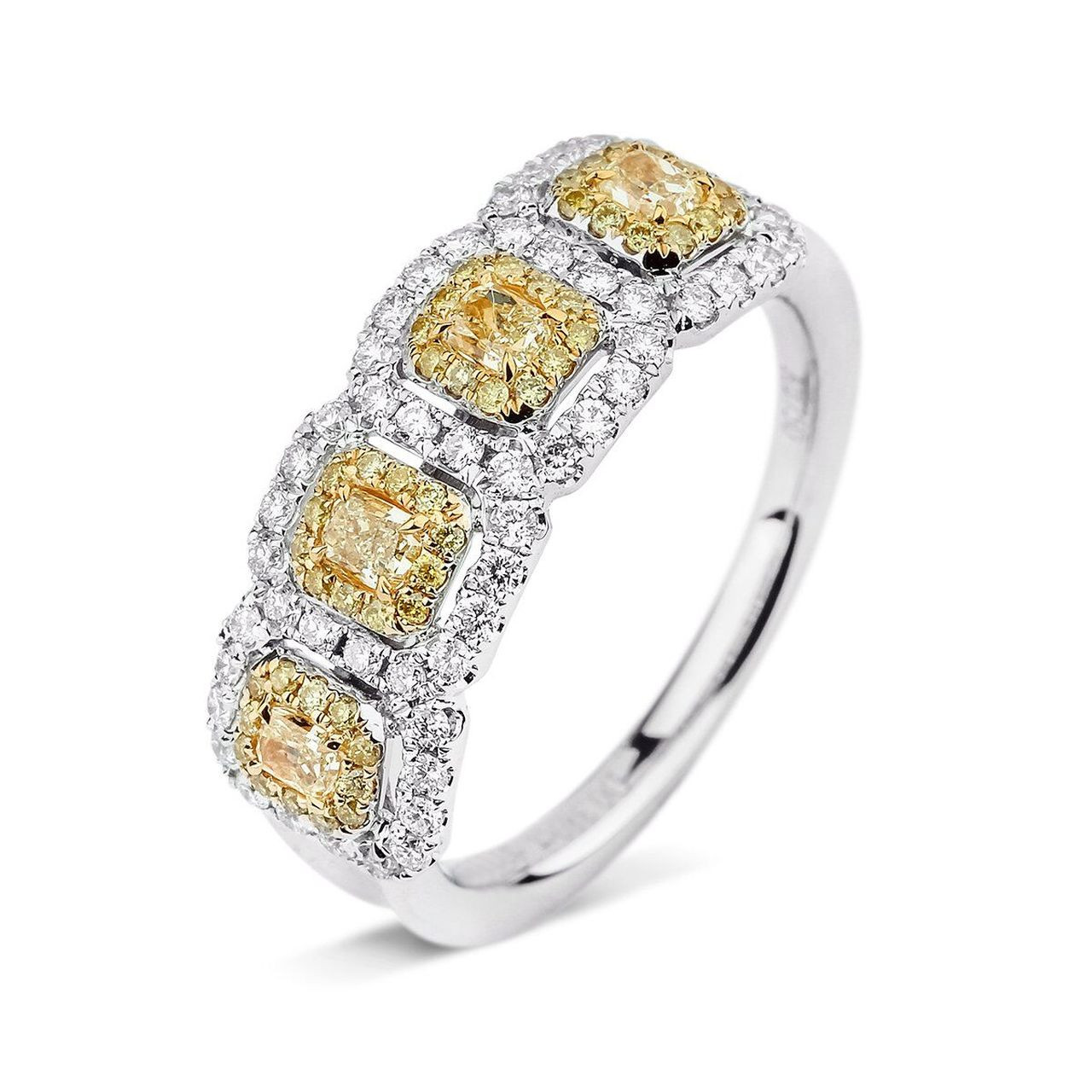 Yellow Diamond Wedding Rings
 18kt White and Yellow Gold 4 Stone Double Halo Yellow