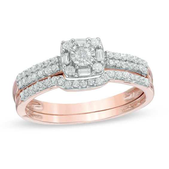 Zales Diamond Rings
 1 3 CT T W Diamond Frame Bridal Set in 10K Rose Gold