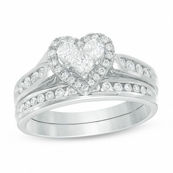 Zales Diamond Rings
 3 4 CT T W Diamond Heart Bridal Set in 14K White Gold
