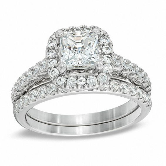 Zales Wedding Ring Sets For Him And Her
 2 CT T W Princess Cut Diamond Frame Bridal Set in 14K