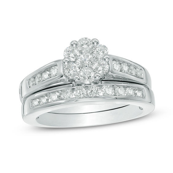 Zales Wedding Ring Sets For Him And Her
 1 CT T W Diamond Flower Bridal Set in 10K White Gold
