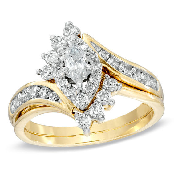 Zales Wedding Ring Sets For Him And Her
 1 CT T W Marquise Diamond Bypass Bridal Set in 14K Gold