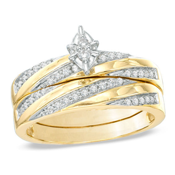 Zales Wedding Ring Sets For Him And Her
 1 4 CT T W Diamond Striped Bridal Set in 10K Gold