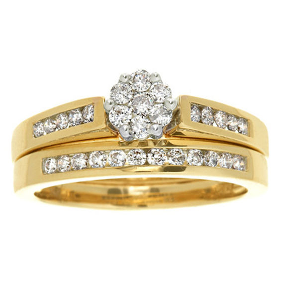 Zales Wedding Ring Sets For Him And Her
 1 2 CT T W Diamond Flower Bridal Set in 10K Gold