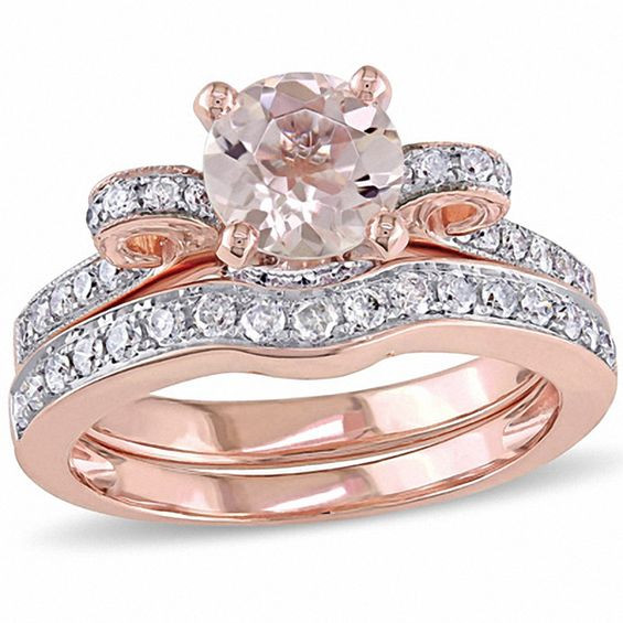 Zales Wedding Ring Sets For Him And Her
 6 0mm Morganite and 1 2 CT T W Diamond Vintage Style Bow