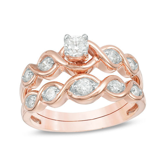 Zales Wedding Ring Sets For Him And Her
 1 2 CT T W Diamond Twist Bridal Set in 10K Rose Gold