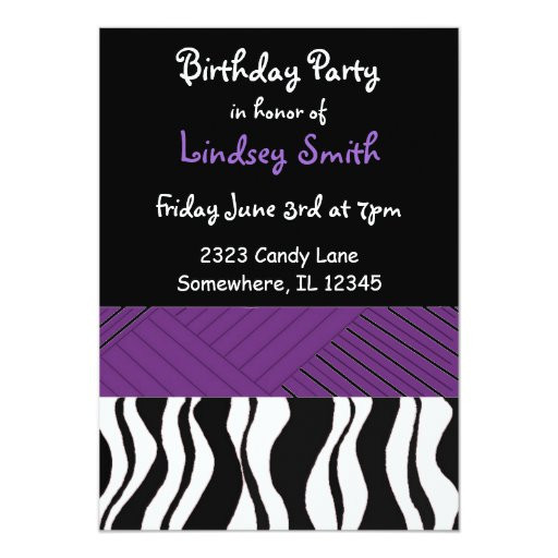 Zebra Print Birthday Invitations
 Purple and Black Zebra Print Birthday Invitation