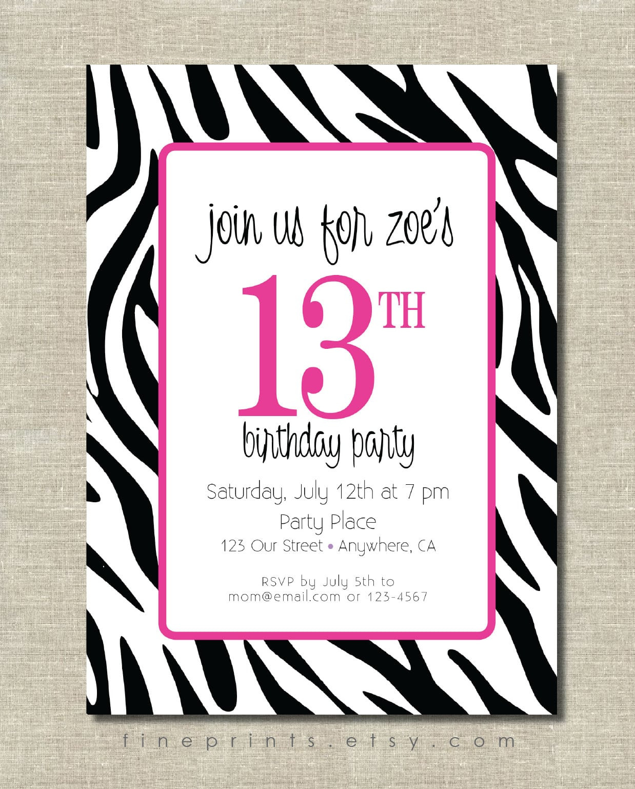 Zebra Print Birthday Invitations
 Free Printable Zebra Print Birthday Invitation