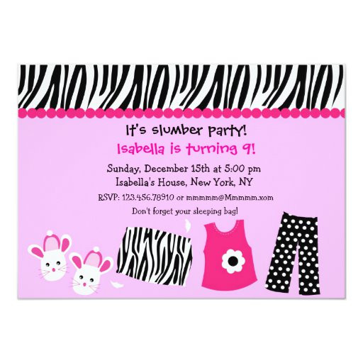 Zebra Print Birthday Invitations
 Sleepover Zebra Print Birthday Party Invitations