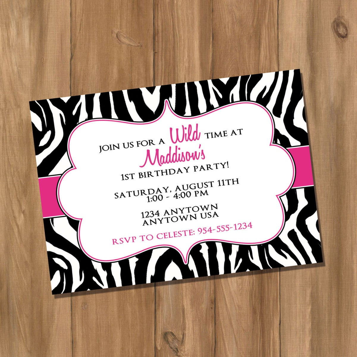 Zebra Print Birthday Invitations
 Pink Zebra Birthday Party Invitation Digital DIY
