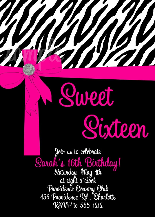 Zebra Print Birthday Invitations
 Zebra Print Sweet 16 Sixteen Birthday Invitations