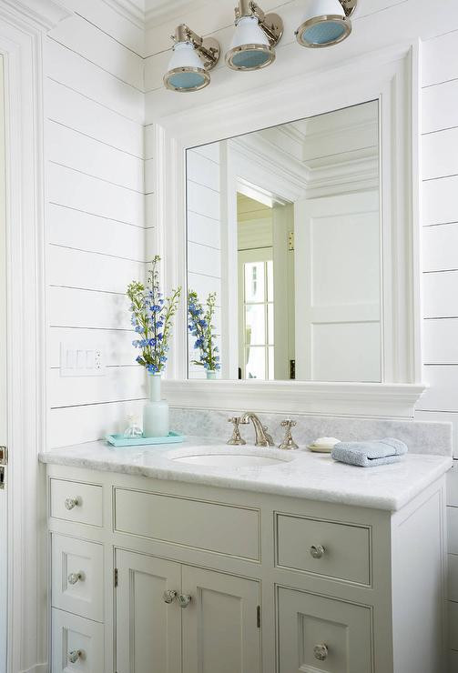 Coastal Bathroom Design
 Gray Scallop Trim on Gray Sink Vanity Cottage Bathroom
