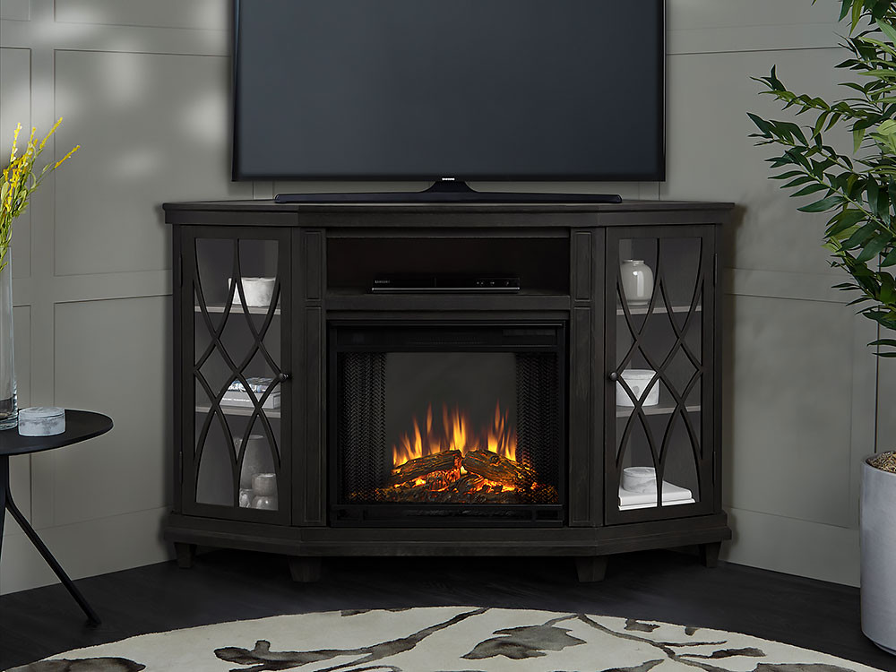 Corner Tv Stand Electric Fireplace
 Lynette Corner Electric Fireplace TV Stand in Grey 1750E GRY