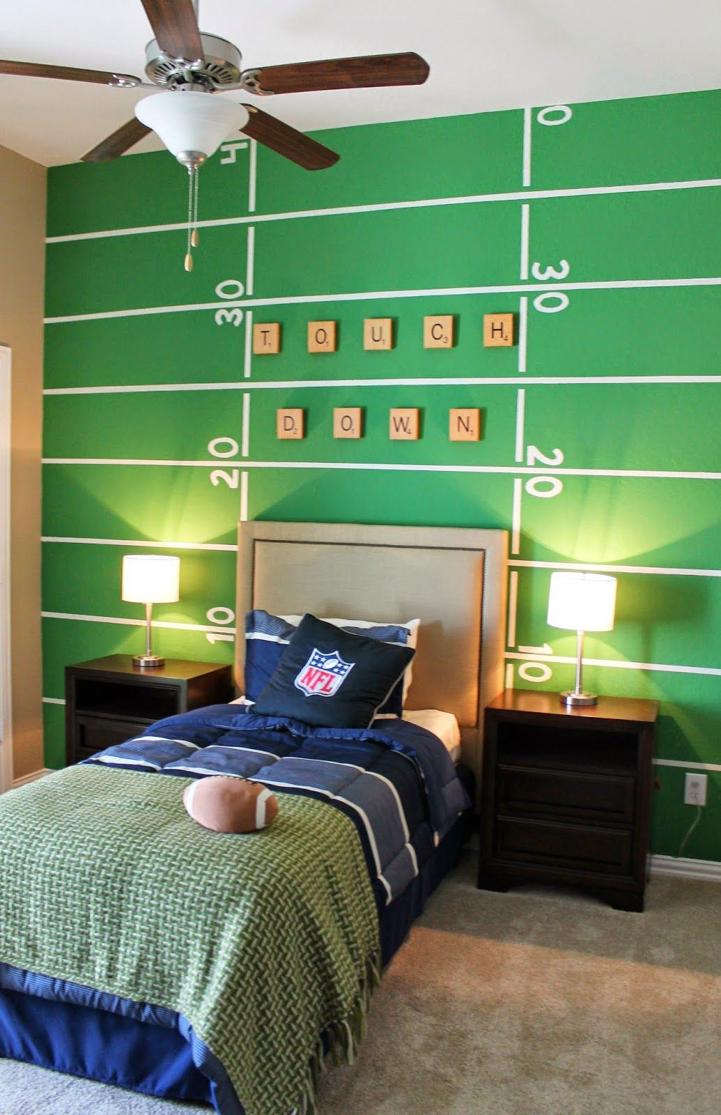 Football Bedroom Decoration
 Football themed boys room Back wall painted to look like