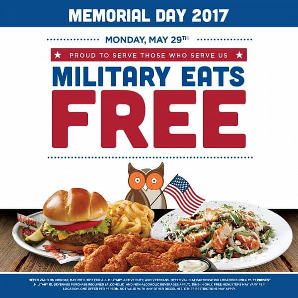 Free Food For Memorial Day
 Hooters Serves Free Meals to Military on Memorial Day