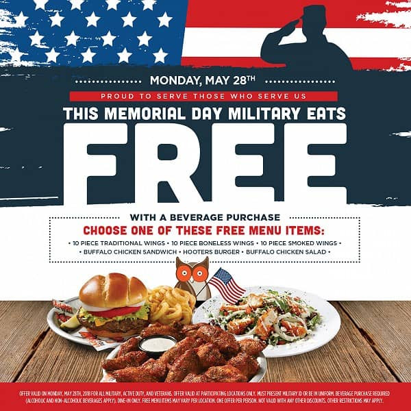 Free Food For Memorial Day
 Military Eats Free at Hooters this Memorial Day
