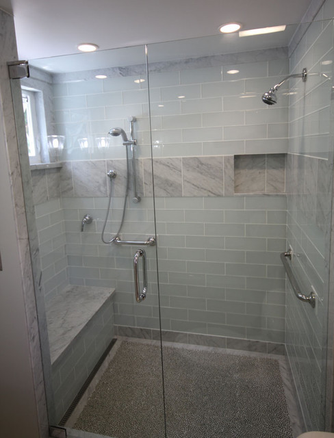 Glass Tile Bathroom
 Carrera Marble bined with White Glass creates a