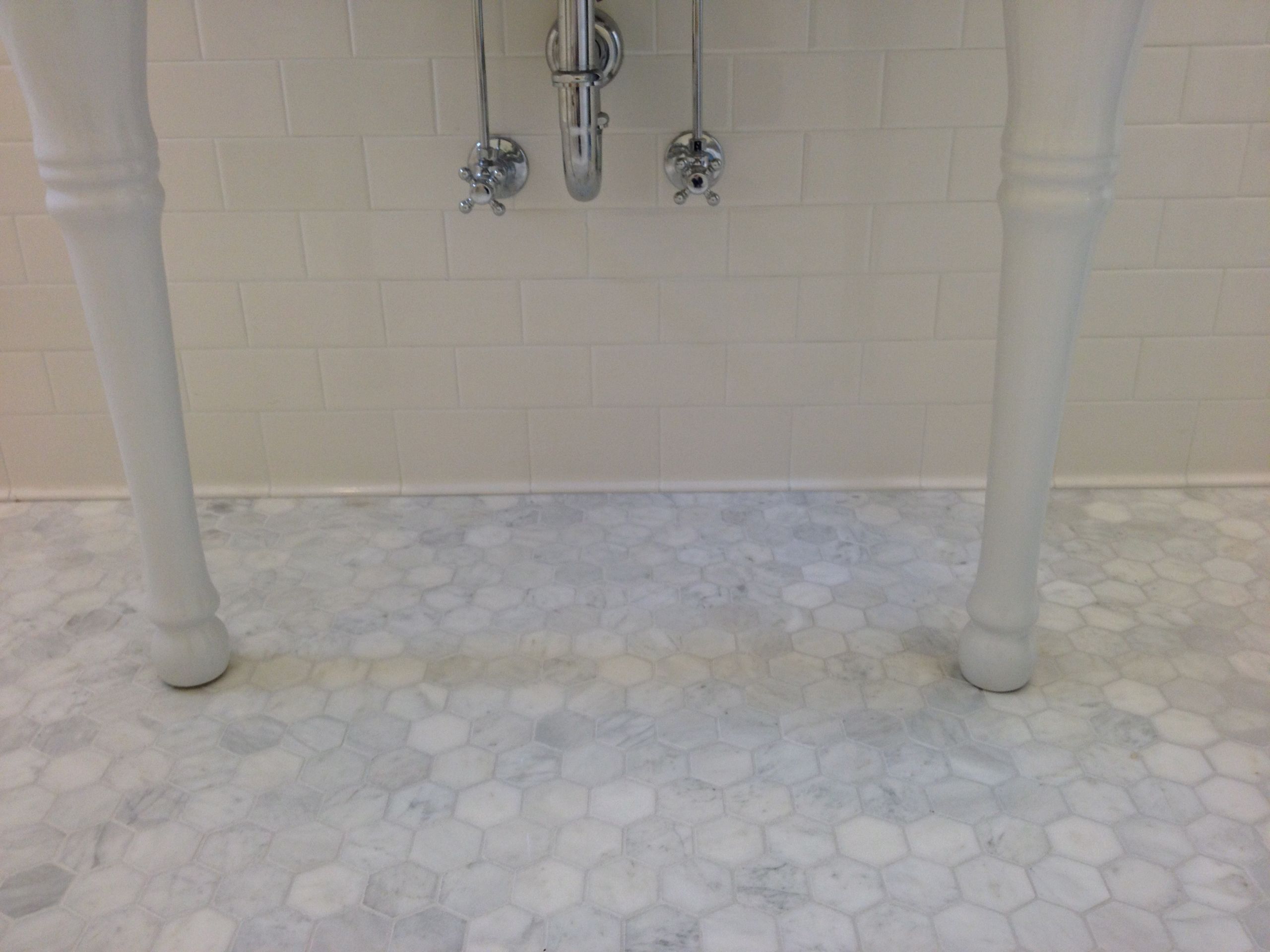 Hex Bathroom Floor Tile
 Small or larger hexagon tile in 1920 bathroom