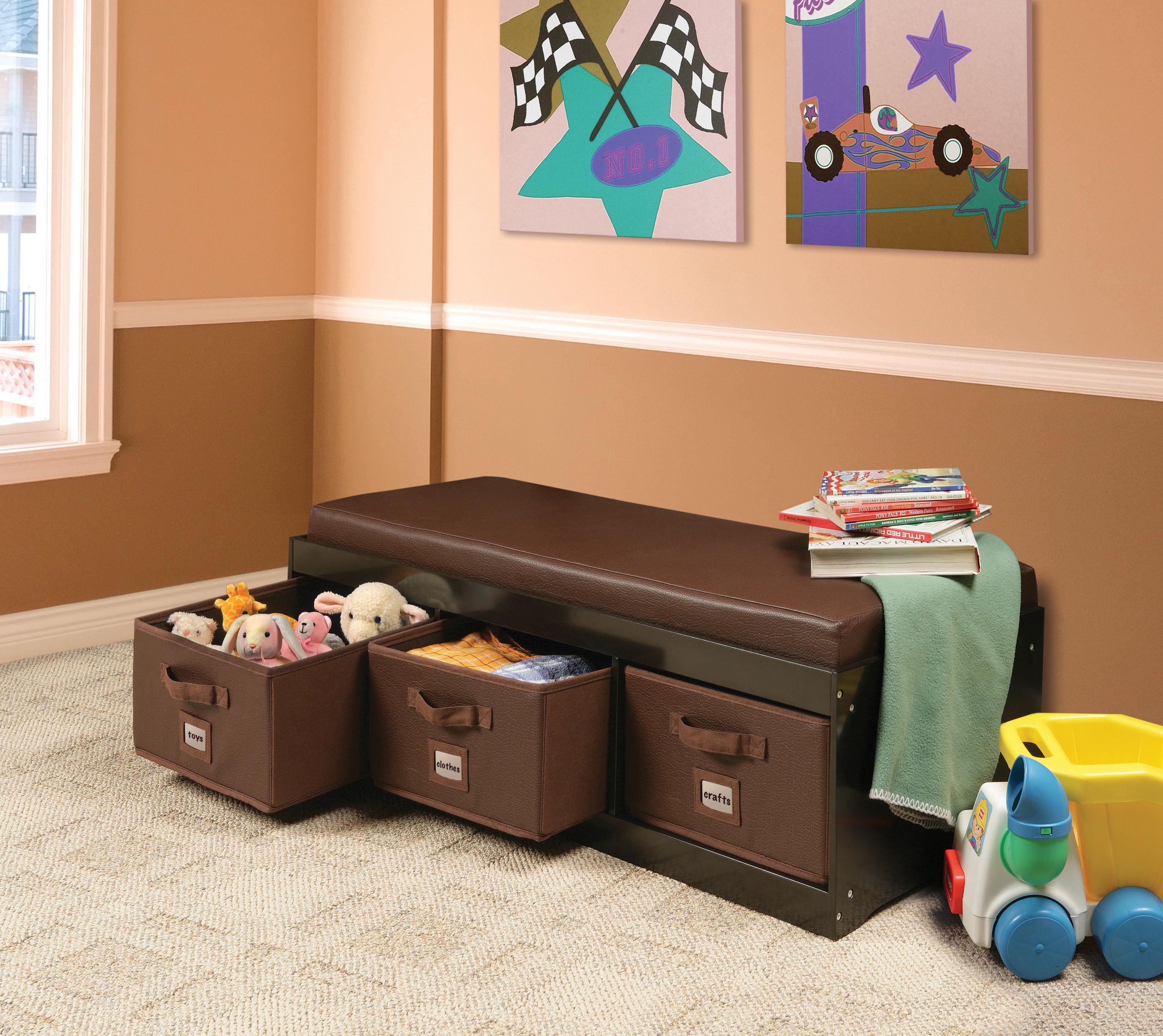 Kids Bedroom Bench
 Amazon Kid s Cushioned Storage Bench with 3 Basket