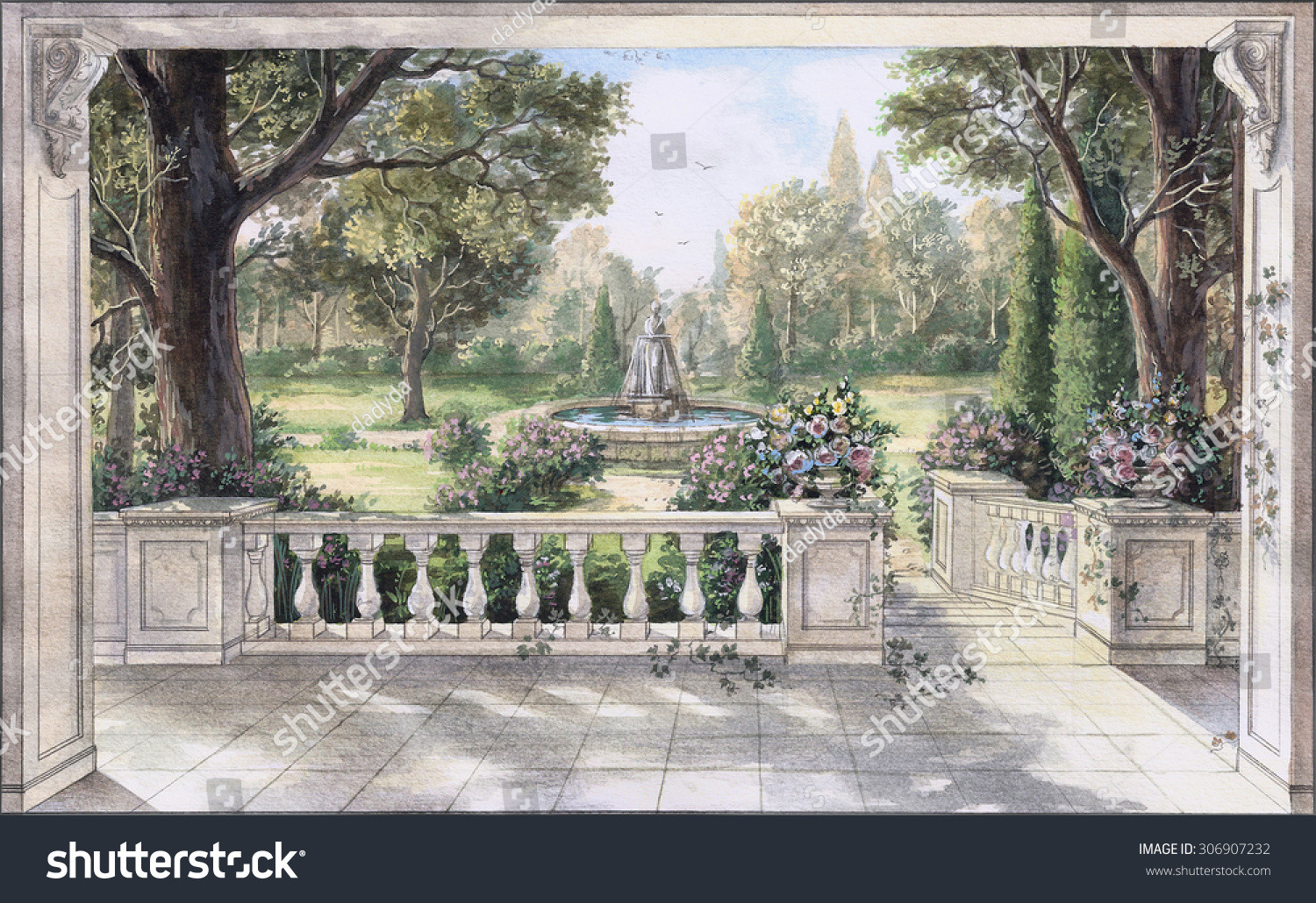 Landscape Fountain Sketch Hand Drawn Watercolor Sketch Landscape Fountain Stock